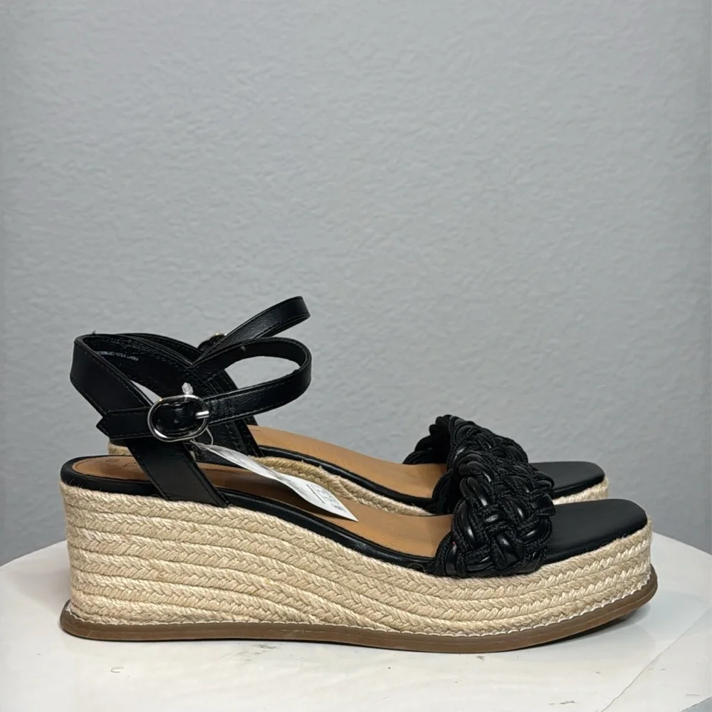 TIME AND TRU WOMENS BLACK BRAIDED ANKLE STRAP ESPADRILLE PLATFORM WEDGES **NWT**